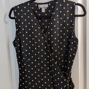 Black and Gold/Tan Polka Dot Wrap Sleeveless Blouse- Size 10P Pure Silk